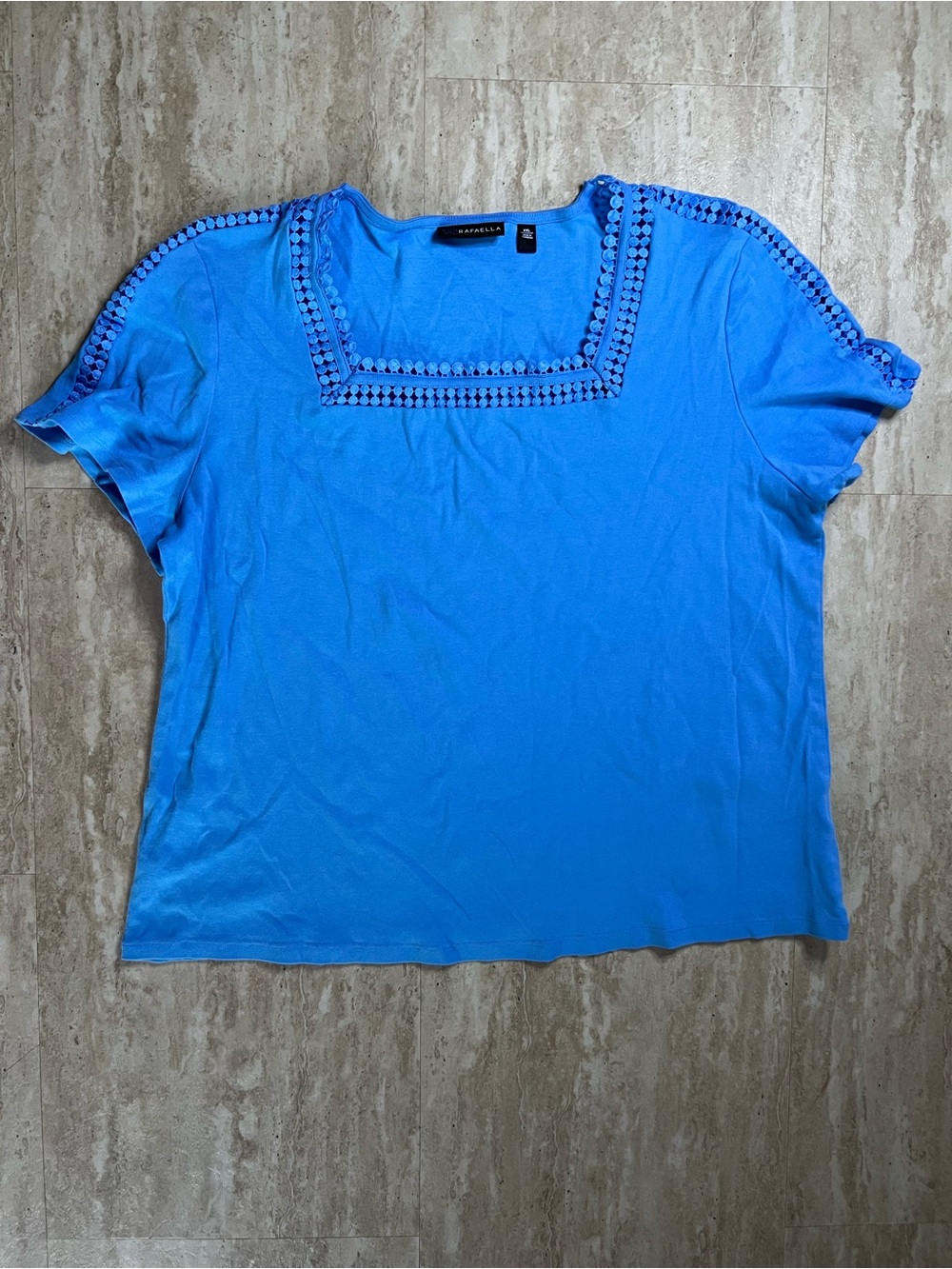 Rafaella Bright Blue Square Neck Crochet Dot Trim Short Sleeve Top XXL